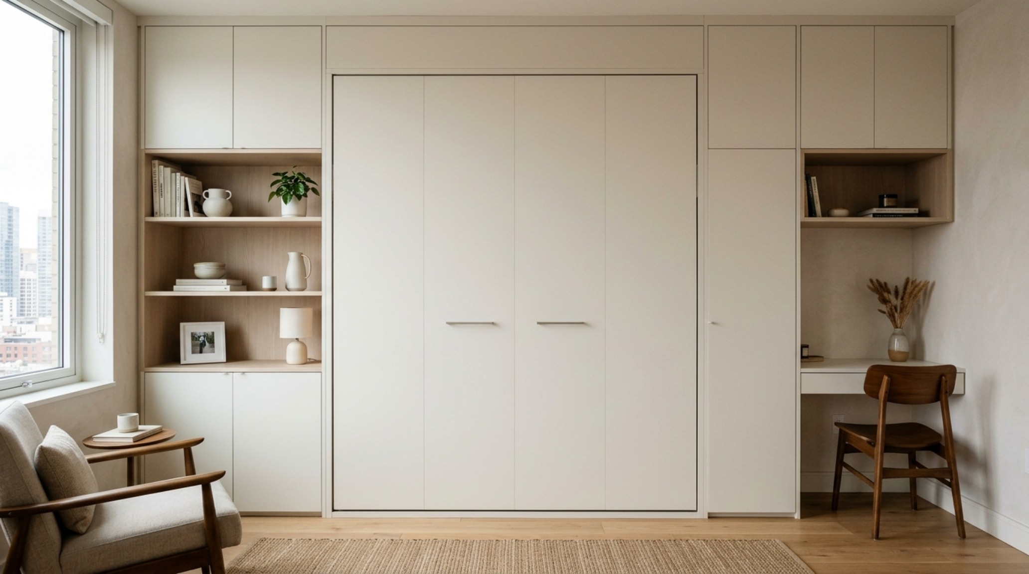 Murphy beds for small apartments showcasing a minimalist handle-less design with Benjamin Moore Swiss Coffee paint finish.