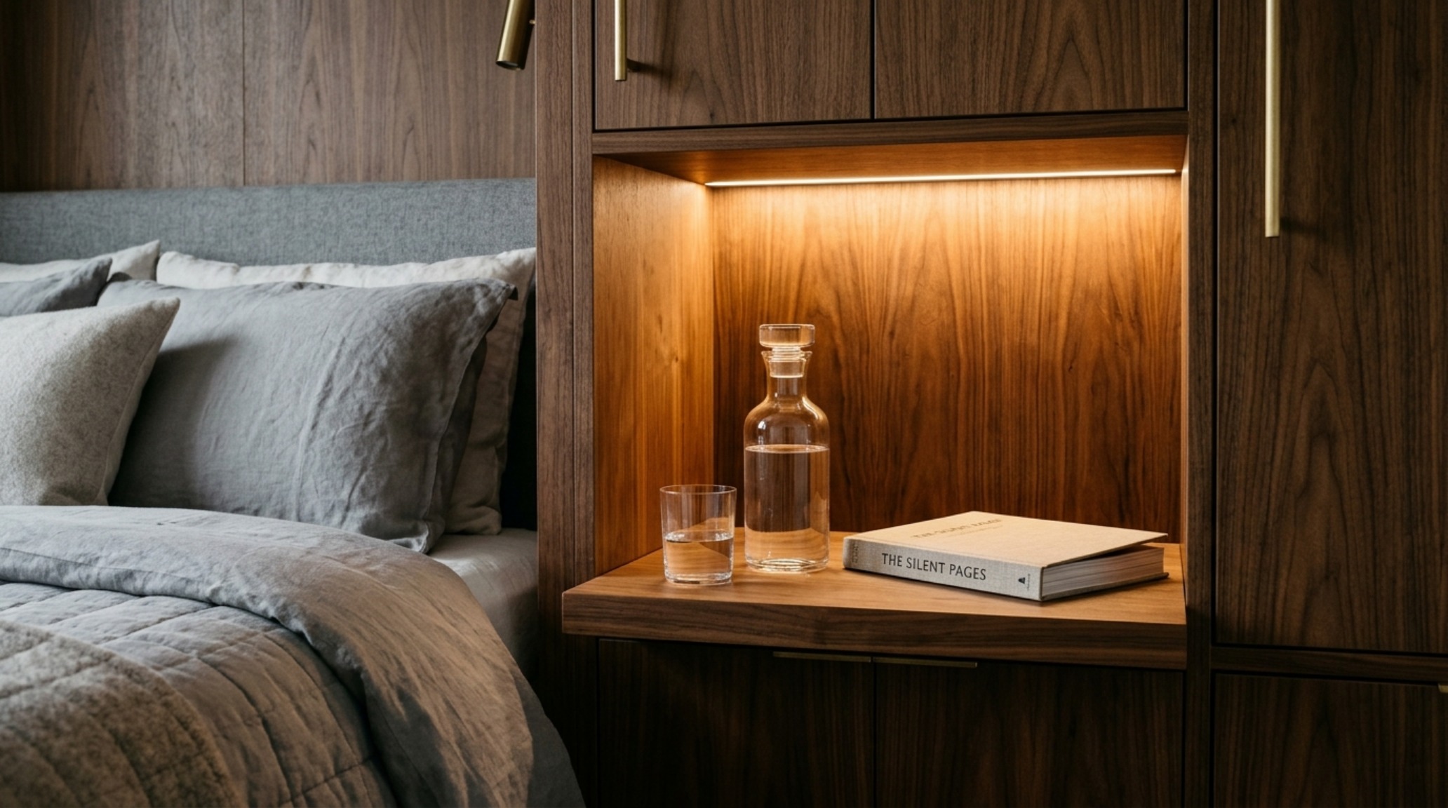 Wall beds with storage including a pull-out nightstand shelf and warm diffused task lighting for an ergonomic bedside experience.