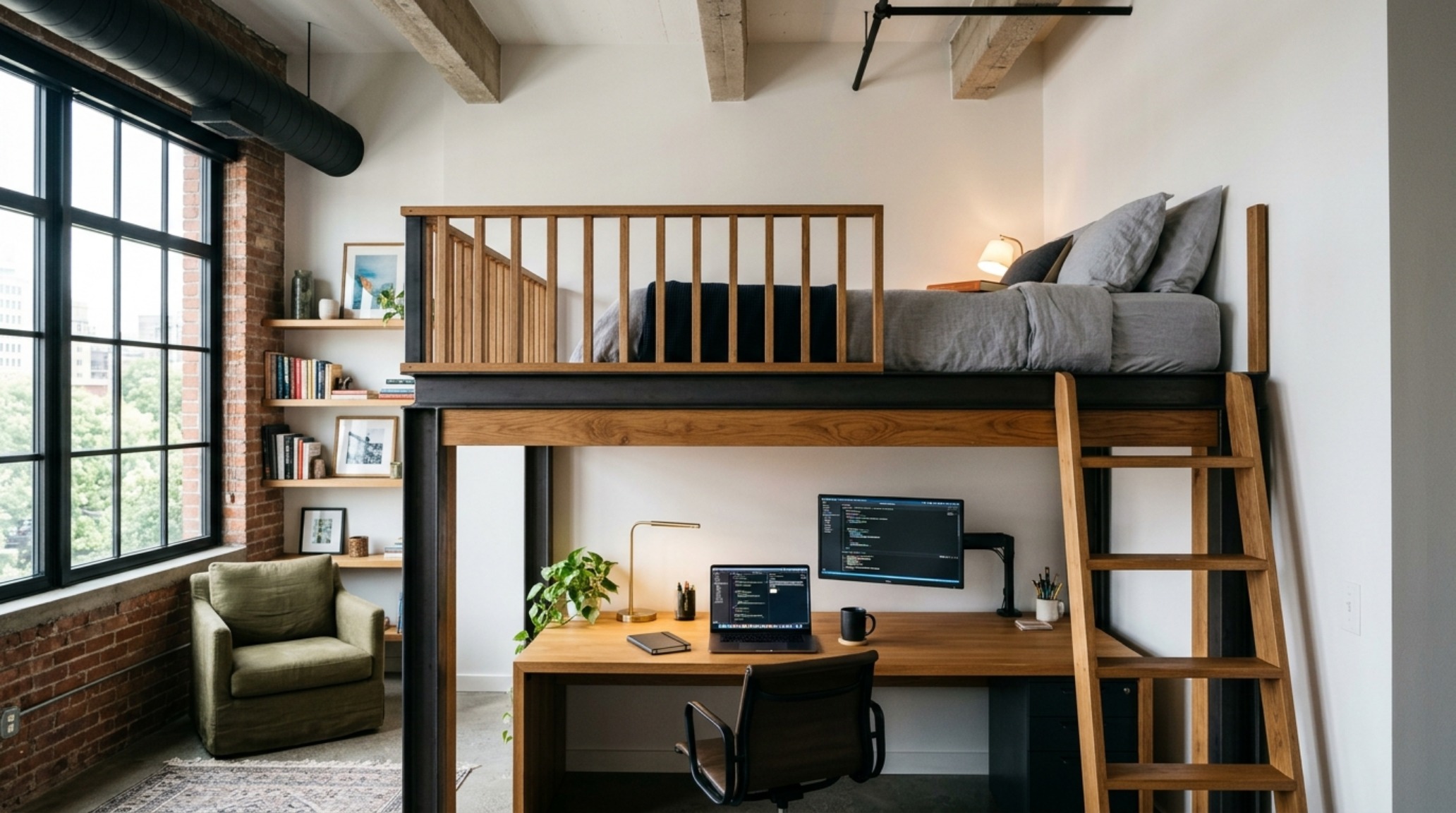 Loft bed with desk underneath featuring a mirror-backed niche to enhance natural light in a high-ceilinged urban studio.