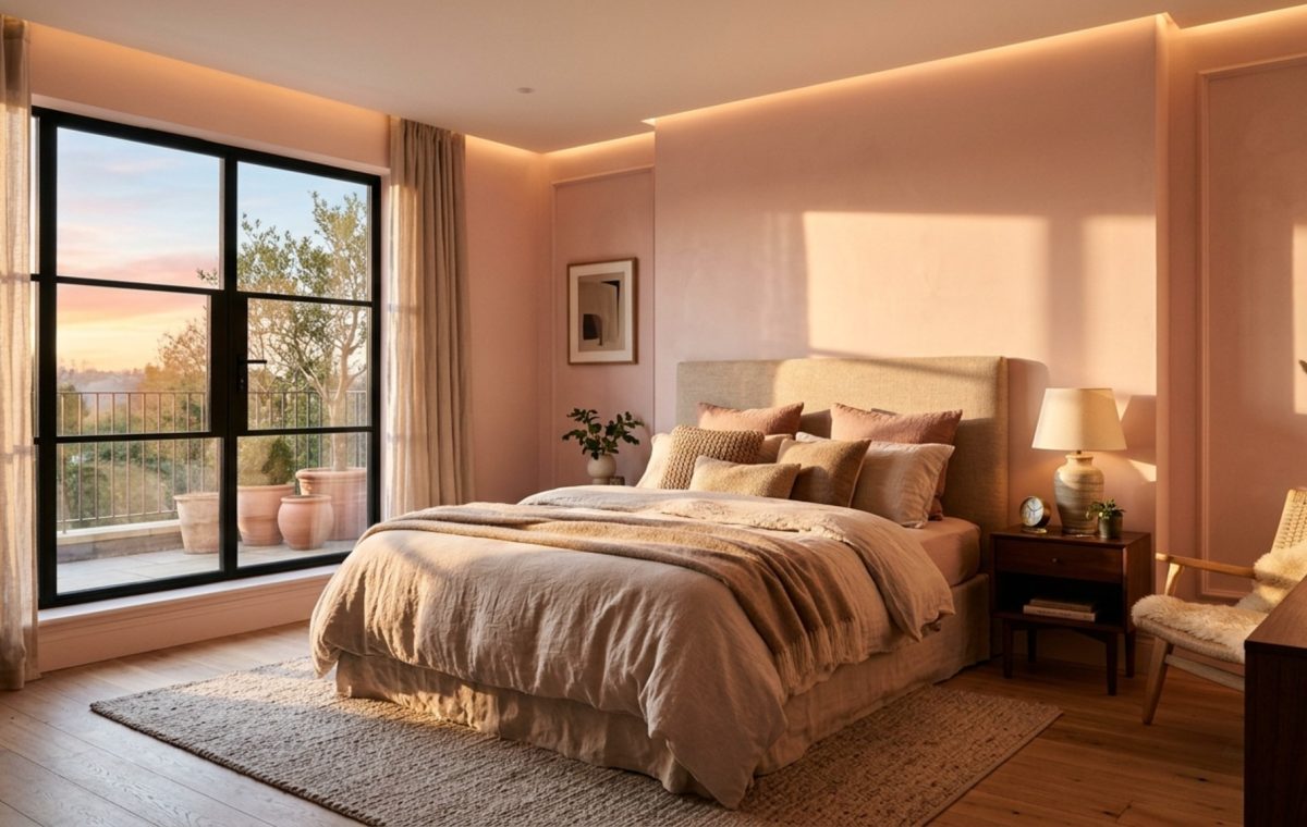 best color for bedroom walls lighting guide featuring warm 2700K ambient light washing over a soft clay-toned wall with high CRI accuracy.