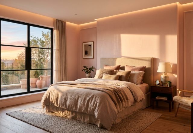 best color for bedroom walls lighting guide featuring warm 2700K ambient light washing over a soft clay-toned wall with high CRI accuracy.