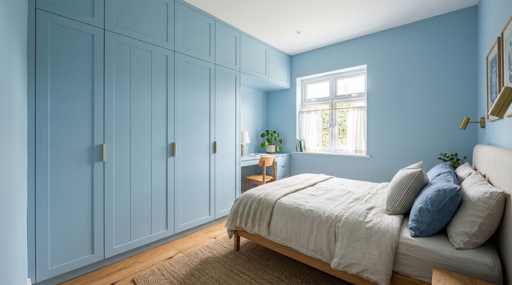 small space best color for bedroom walls featuring vertical built-in cabinetry painted the same hue as the walls to minimize visual clutter. small space best color for bedroom walls featuring vertical built-in cabinetry painted the same hue as the walls to minimize visual clutter.