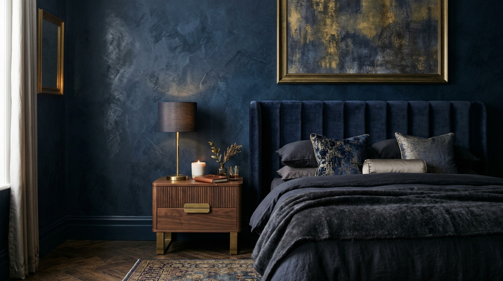 luxury best color for bedroom walls textures focusing on the intersection of a velvet-clad headboard and a deep navy Venetian plaster wall. luxury best color for bedroom walls textures focusing on the intersection of a velvet-clad headboard and a deep navy Venetian plaster wall.
