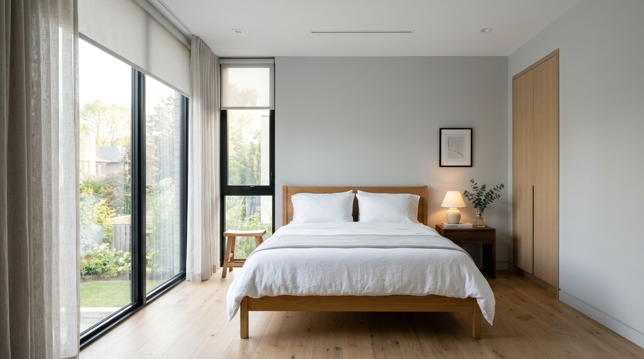 small space best color for bedroom walls utilizing a receding mist gray palette to maximize a compact footprint with 36-inch walkway clearances. small space best color for bedroom walls utilizing a receding mist gray palette to maximize a compact footprint with 36-inch walkway clearances.