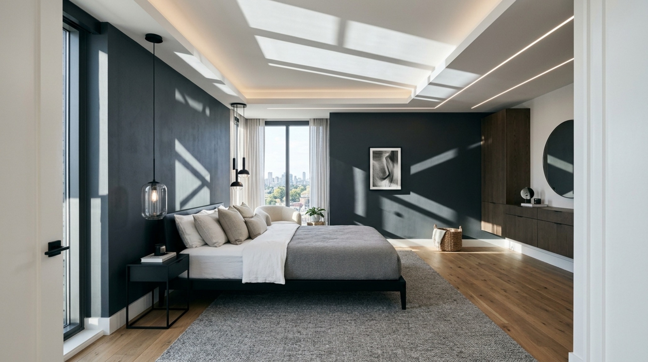 modern best color for bedroom walls ideas illustrating a deep charcoal accent wall that anchors a low-profile bed within a minimal architectural envelope. modern best color for bedroom walls ideas illustrating a deep charcoal accent wall that anchors a low-profile bed within a minimal architectural envelope.