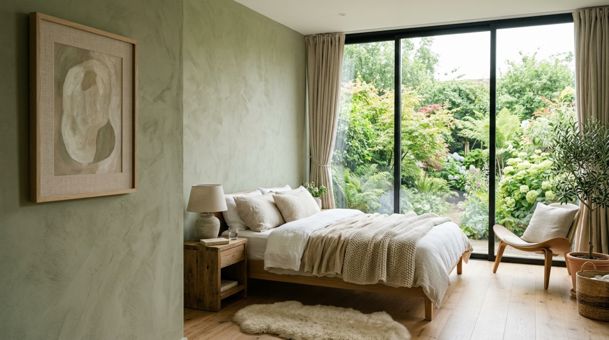 modern best color for bedroom walls ideas featuring a tonal sage green palette that blends seamlessly with outdoor greenery through floor-to-ceiling windows. modern best color for bedroom walls ideas featuring a tonal sage green palette that blends seamlessly with outdoor greenery through floor-to-ceiling windows.