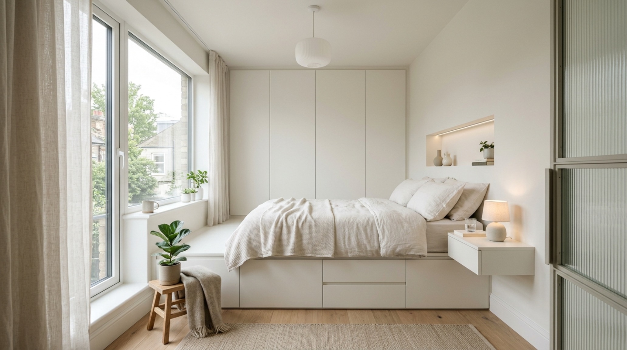 small space best color for bedroom walls using a monochromatic off-white scheme to blur corners and create a boundless spatial feeling. small space best color for bedroom walls using a monochromatic off-white scheme to blur corners and create a boundless spatial feeling.