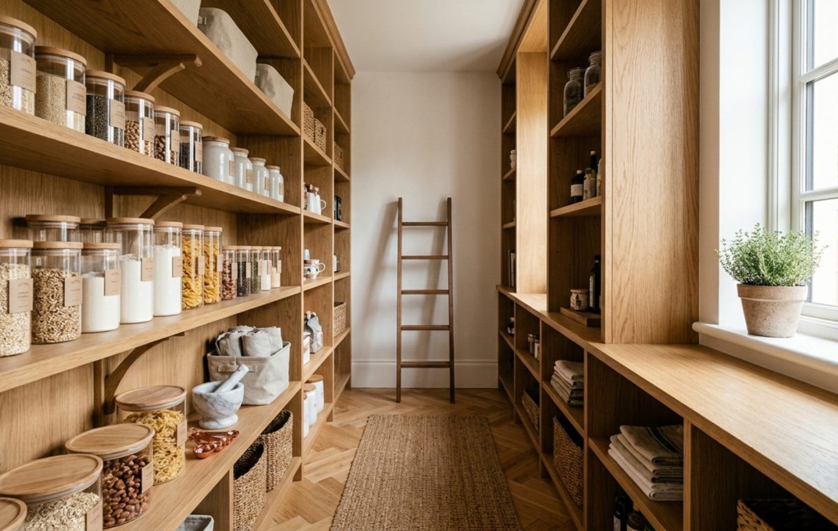 A wide-angle architectural shot of a walk-in pantry with white oak shelving and a 36-inch walkway, demonstrating small pantry organization ideas with clear glass containers.