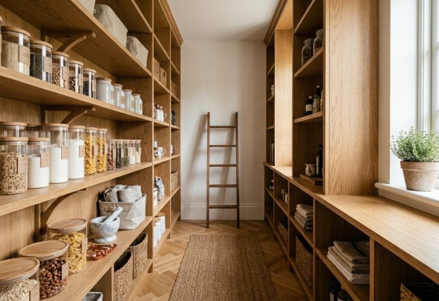 A wide-angle architectural shot of a walk-in pantry with white oak shelving and a 36-inch walkway, demonstrating small pantry organization ideas with clear glass containers.