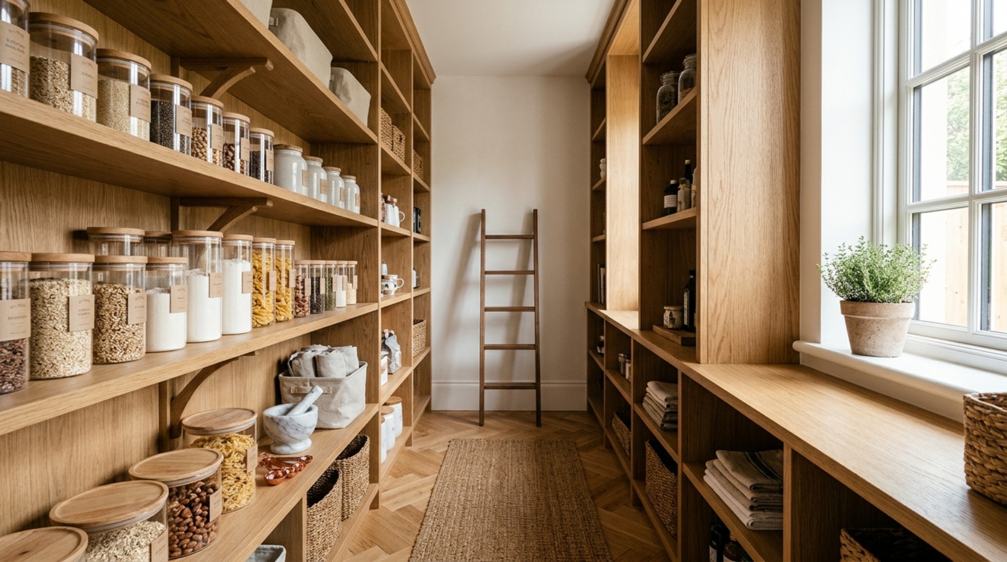 A wide-angle architectural shot of a walk-in pantry with white oak shelving and a 36-inch walkway, demonstrating small pantry organization ideas with clear glass containers. A wide-angle architectural shot of a walk-in pantry with white oak shelving and a 36-inch walkway, demonstrating small pantry organization ideas with clear glass containers.