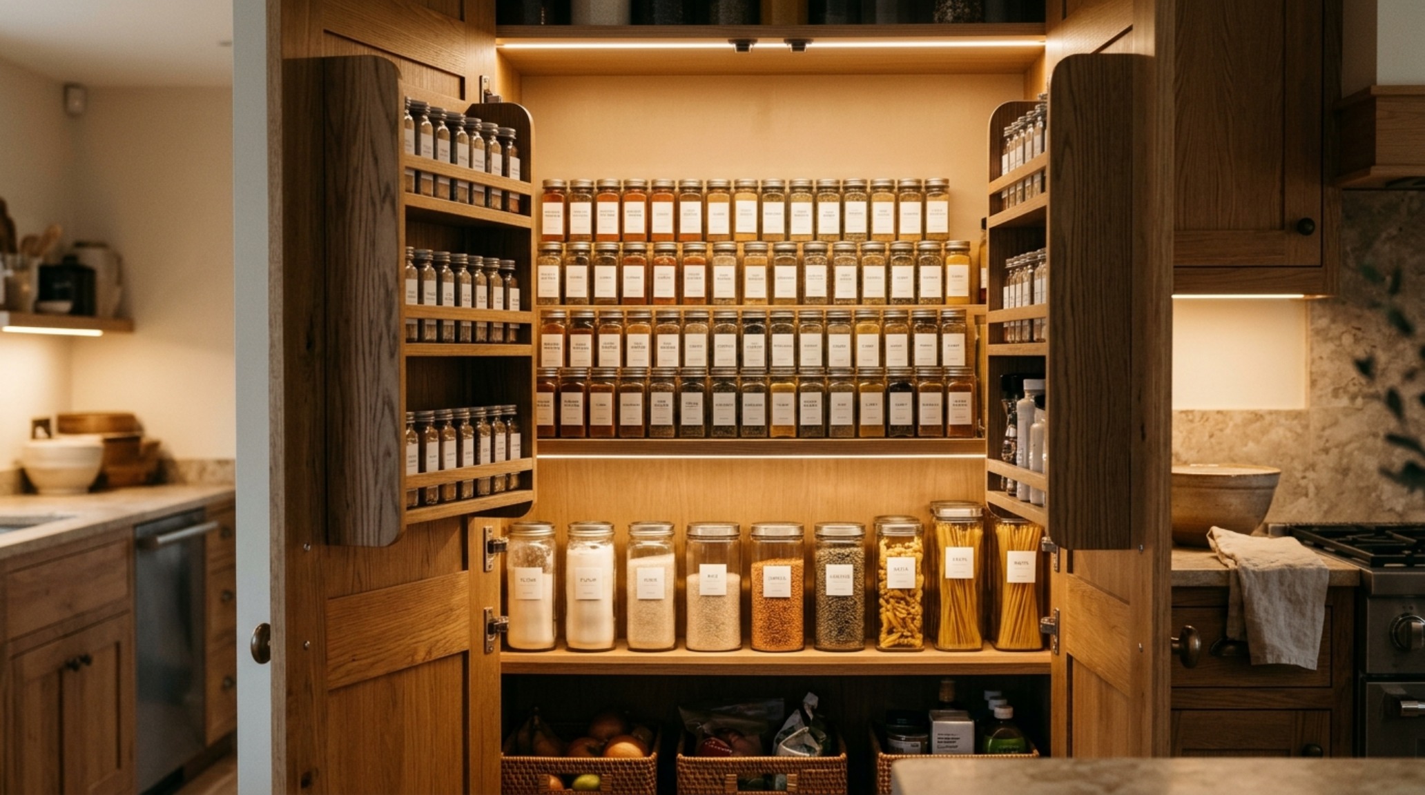 An overhead 35mm lens shot of a pantry door opening to reveal motion-sensor lighting and perfectly aligned spice jars. An overhead 35mm lens shot of a pantry door opening to reveal motion-sensor lighting and perfectly aligned spice jars.