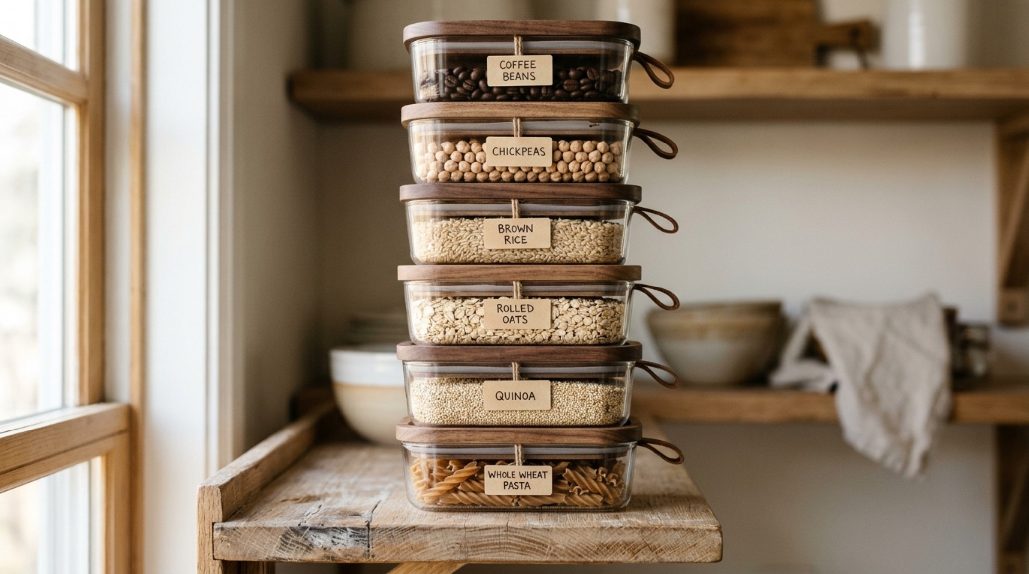 Macro detail of airtight borosilicate glass jars with walnut lids arranged in a grid, showcasing the best pantry storage containers for modern kitchens. Macro detail of airtight borosilicate glass jars with walnut lids arranged in a grid, showcasing the best pantry storage containers for modern kitchens.