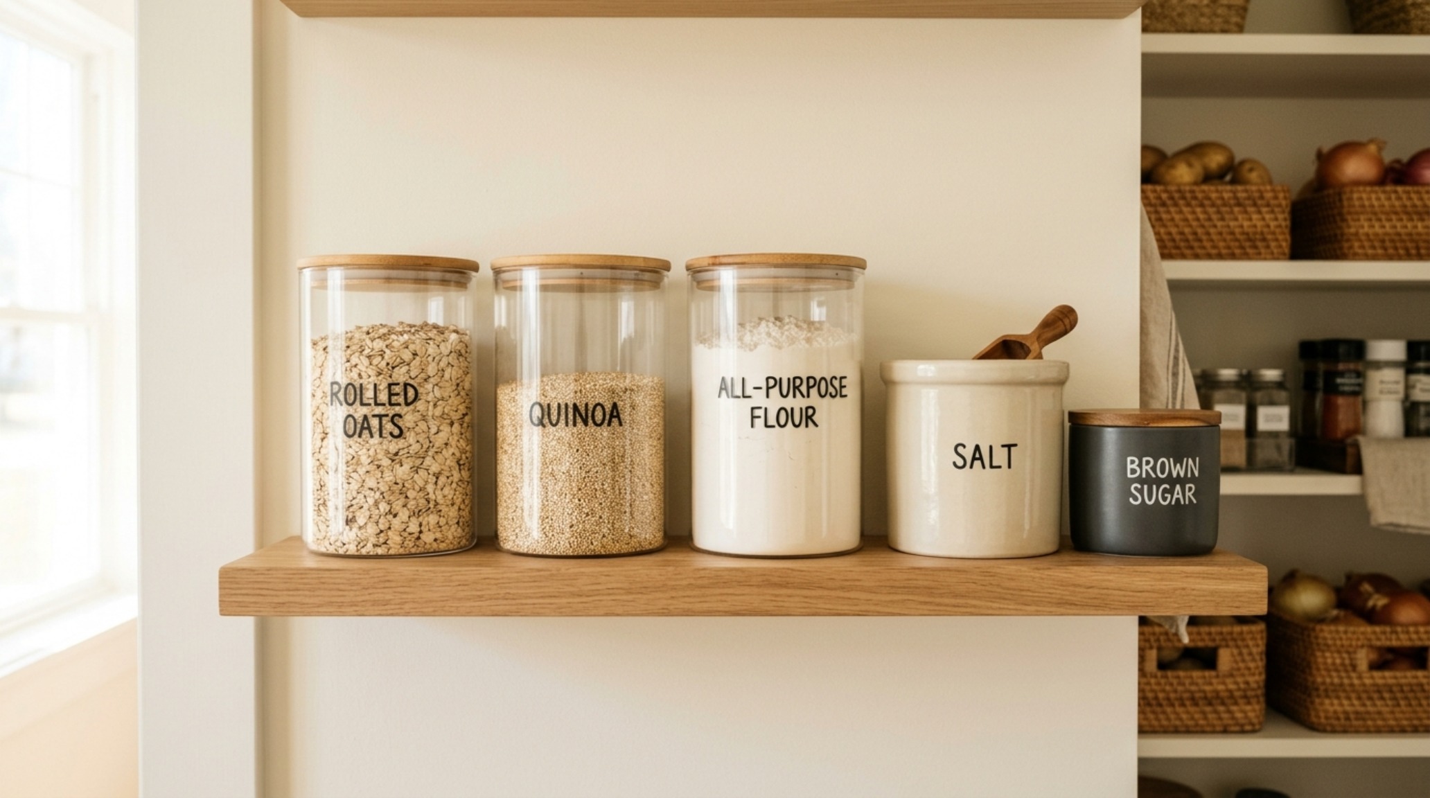 Close-up of a pantry 'power zone' showing heavy ceramic crocks and large flour jars at 36-inch height, illustrating small pantry organization ideas ergonomics. Close-up of a pantry 'power zone' showing heavy ceramic crocks and large flour jars at 36-inch height, illustrating small pantry organization ideas ergonomics.