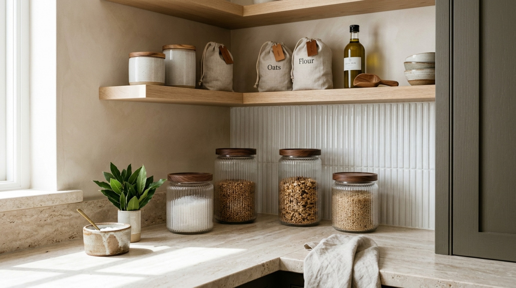 Elegant pantry corner featuring fluted glass containers on a honed travertine shelf with soft directional sunlight filtering through. Elegant pantry corner featuring fluted glass containers on a honed travertine shelf with soft directional sunlight filtering through.