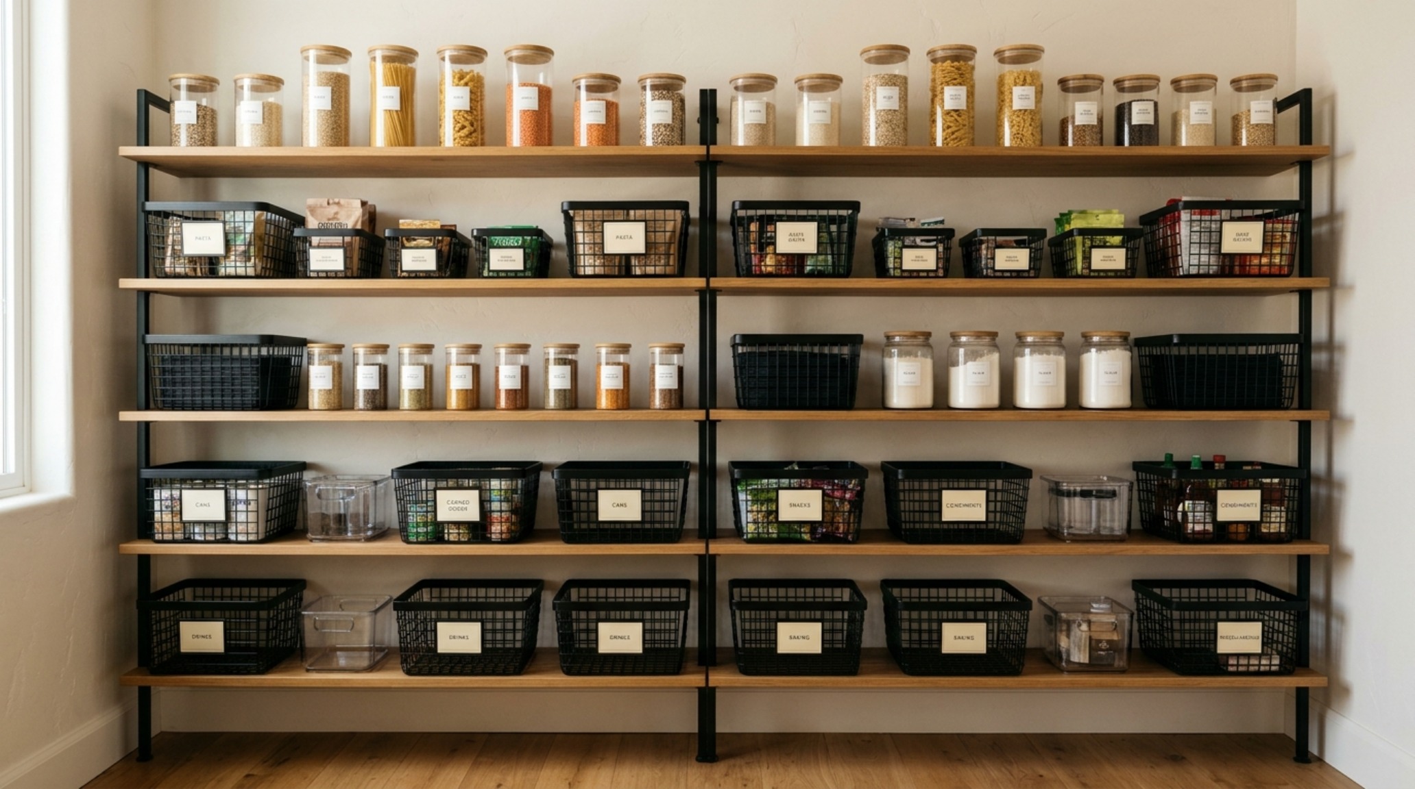 A minimalist small pantry organization ideas setup using matte black powder-coated wire bins and uniform labels for a clean horizontal sightline. A minimalist small pantry organization ideas setup using matte black powder-coated wire bins and uniform labels for a clean horizontal sightline.