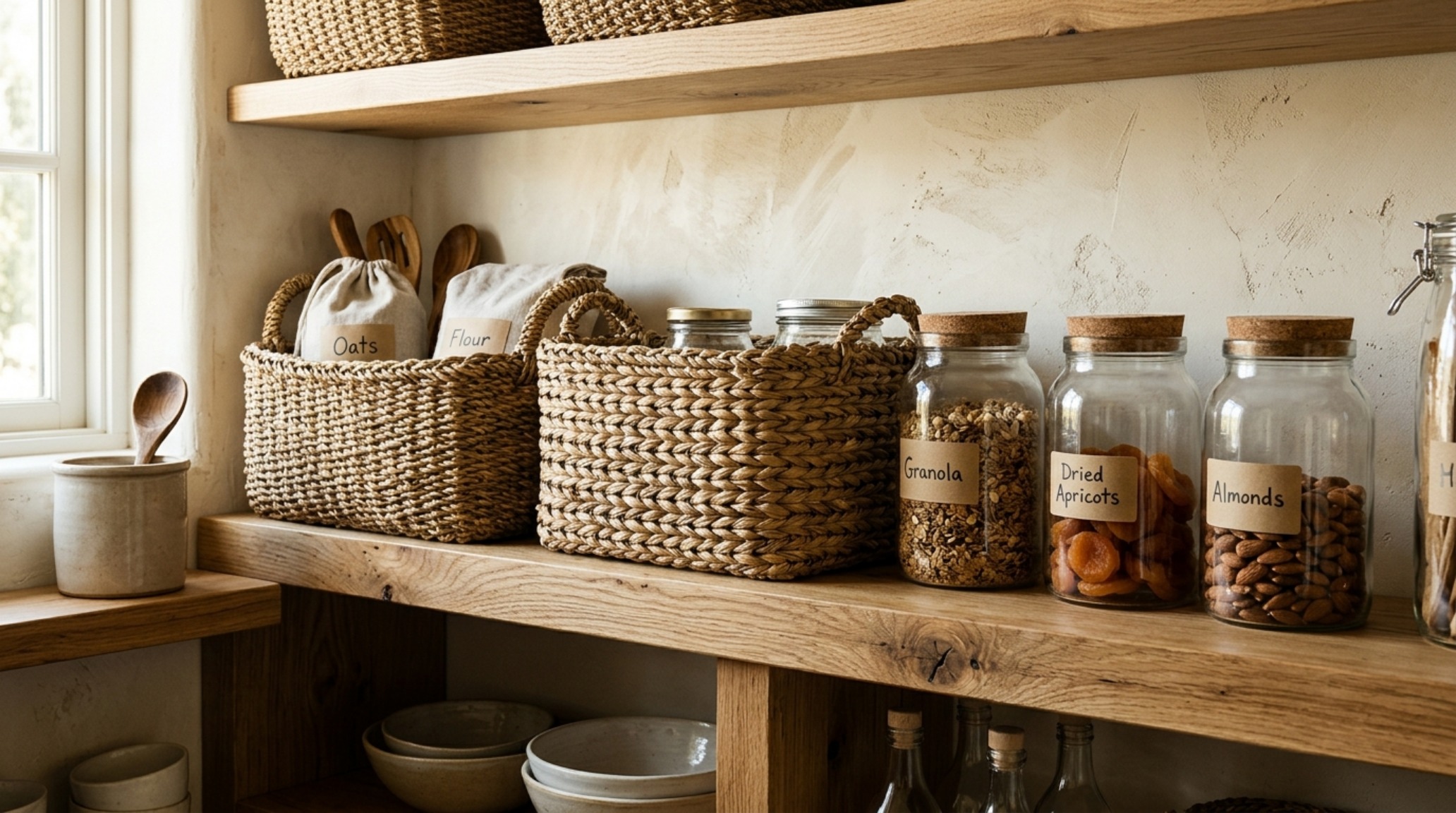Mixed-material storage display with woven seagrass baskets and acrylic bins, showcasing luxury small pantry organization ideas textures. Mixed-material storage display with woven seagrass baskets and acrylic bins, showcasing luxury small pantry organization ideas textures.
