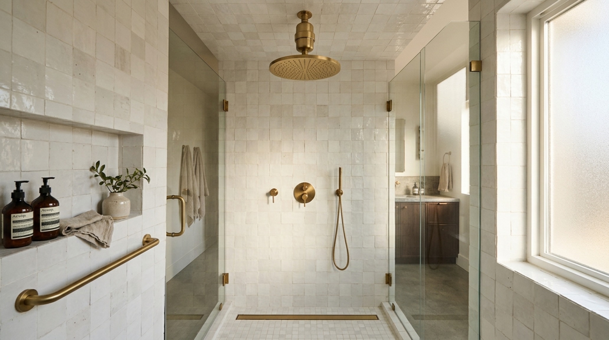 Modern bathroom with Zellige tiles and a sleek shower filter integrated into a brushed brass rainfall head assembly. Modern bathroom with Zellige tiles and a sleek shower filter integrated into a brushed brass rainfall head assembly.