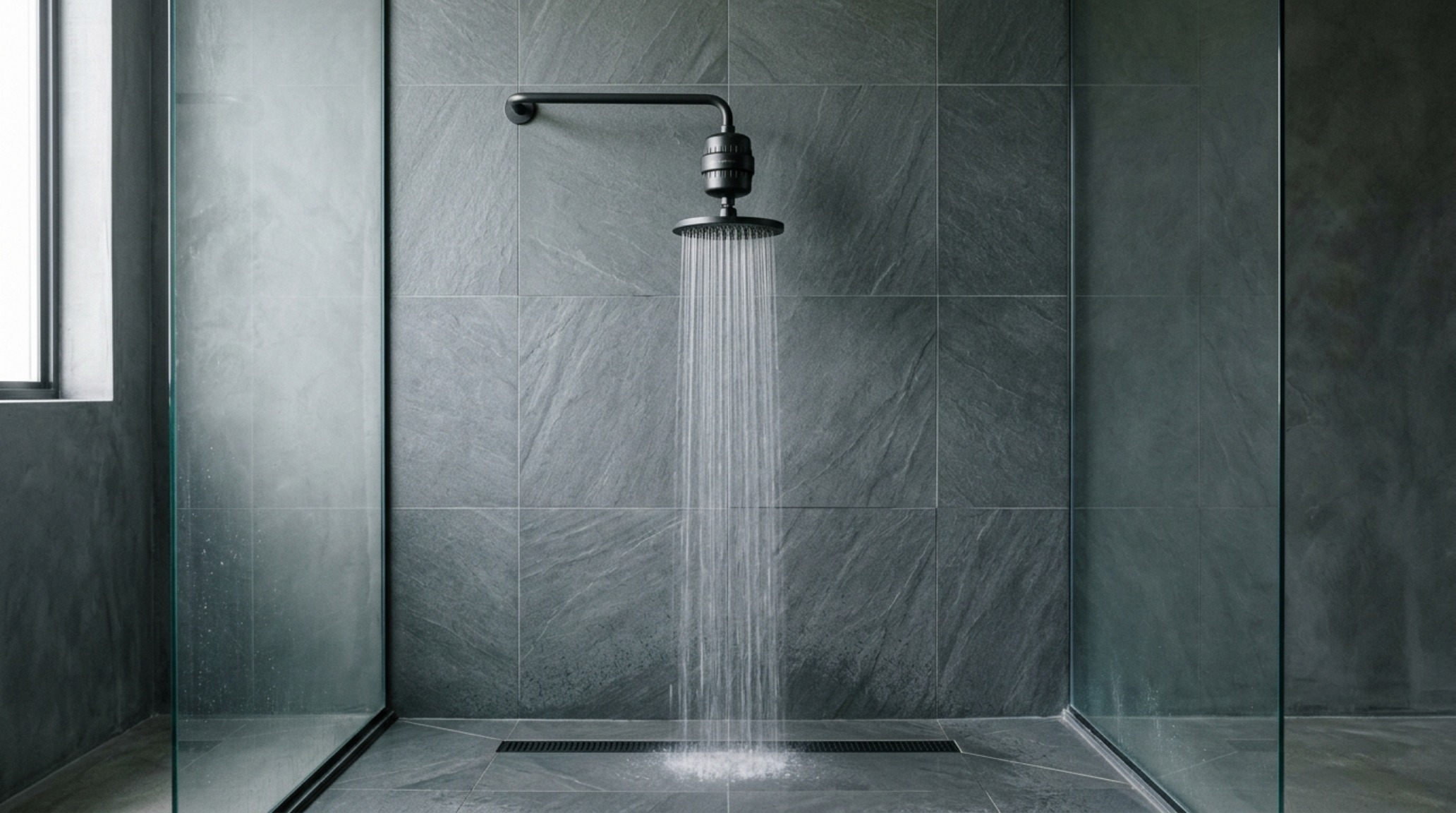 A minimalist walk-in shower featuring a matte black water filter that aligns perfectly with vertical grout lines of slate tiles. A minimalist walk-in shower featuring a matte black water filter that aligns perfectly with vertical grout lines of slate tiles.
