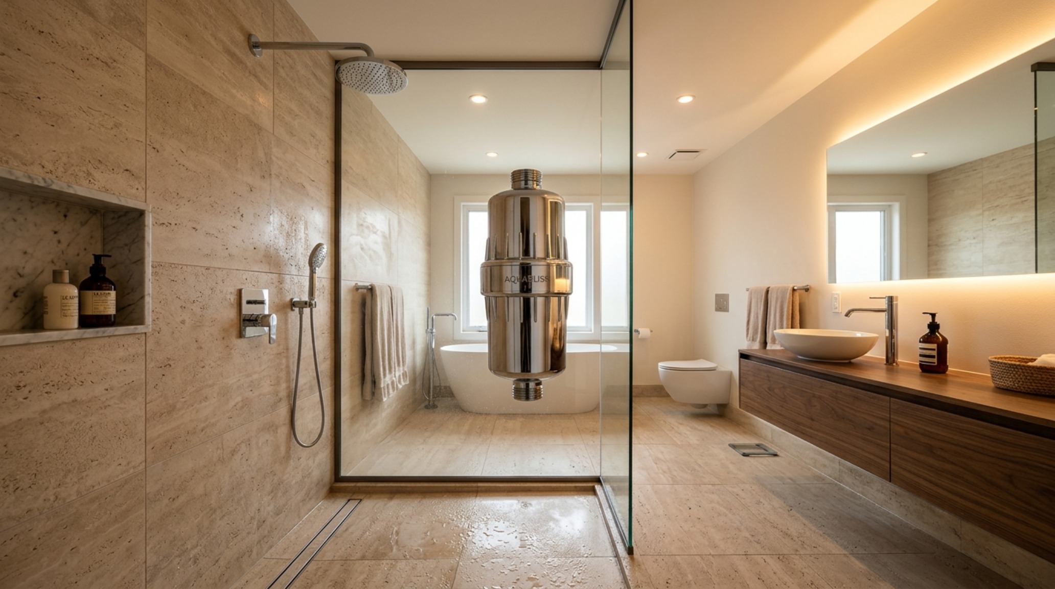 Architectural sightline view of a glass shower partition with a high-end filter and warm 2700K recessed lighting. Architectural sightline view of a glass shower partition with a high-end filter and warm 2700K recessed lighting.