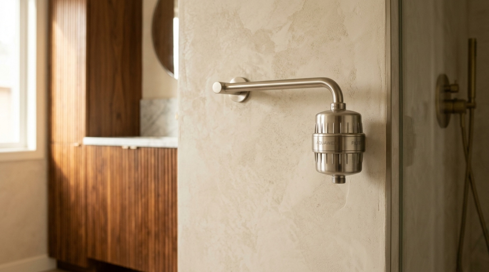 Close-up of tactile materials including fluted oak and a satin nickel shower water filter against a limewash wall. Close-up of tactile materials including fluted oak and a satin nickel shower water filter against a limewash wall.