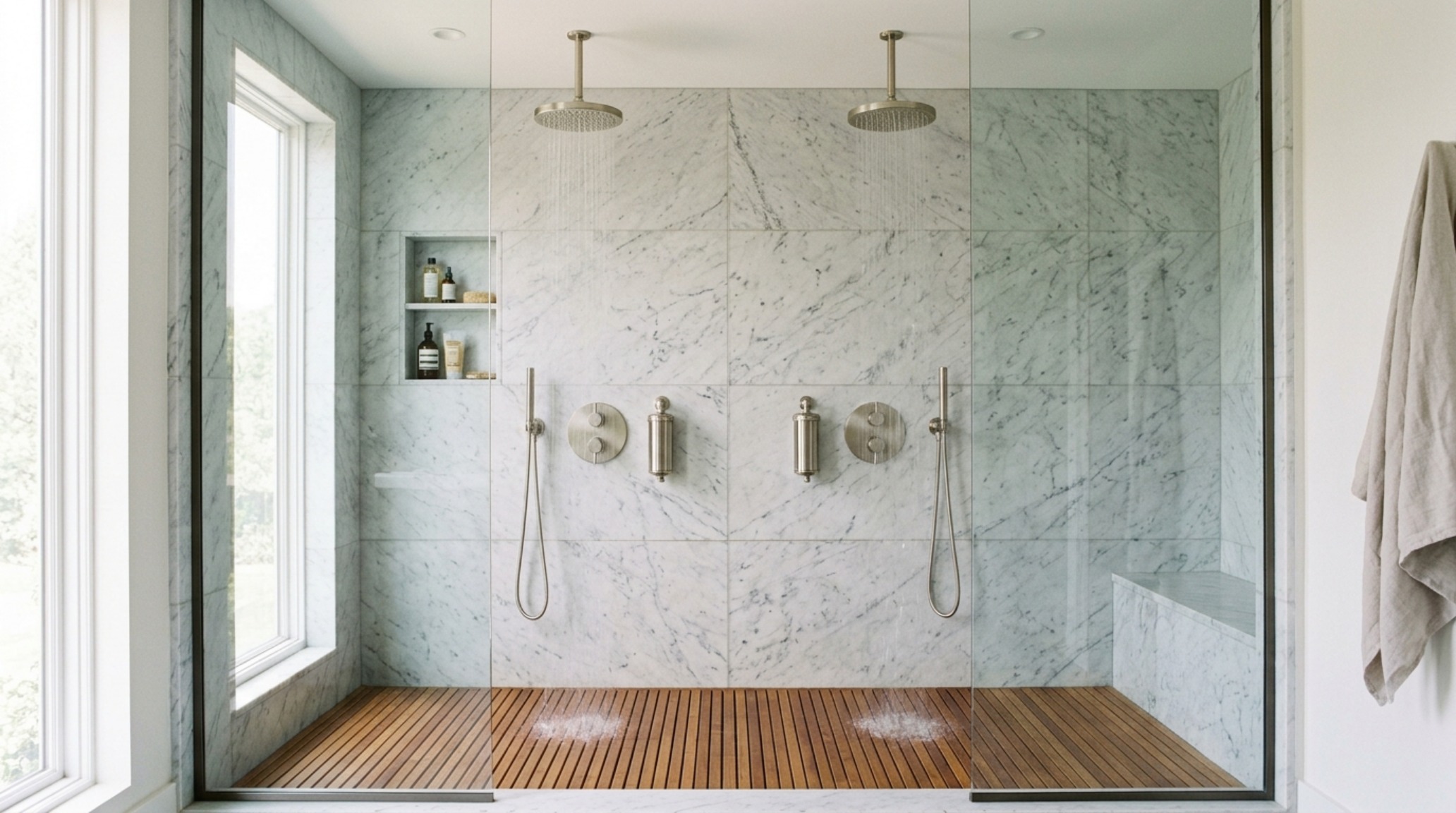 Luxury wet-room layout showing 36-inch clearances and a symmetrically placed dual filtration system for a spa-like feel. Luxury wet-room layout showing 36-inch clearances and a symmetrically placed dual filtration system for a spa-like feel.