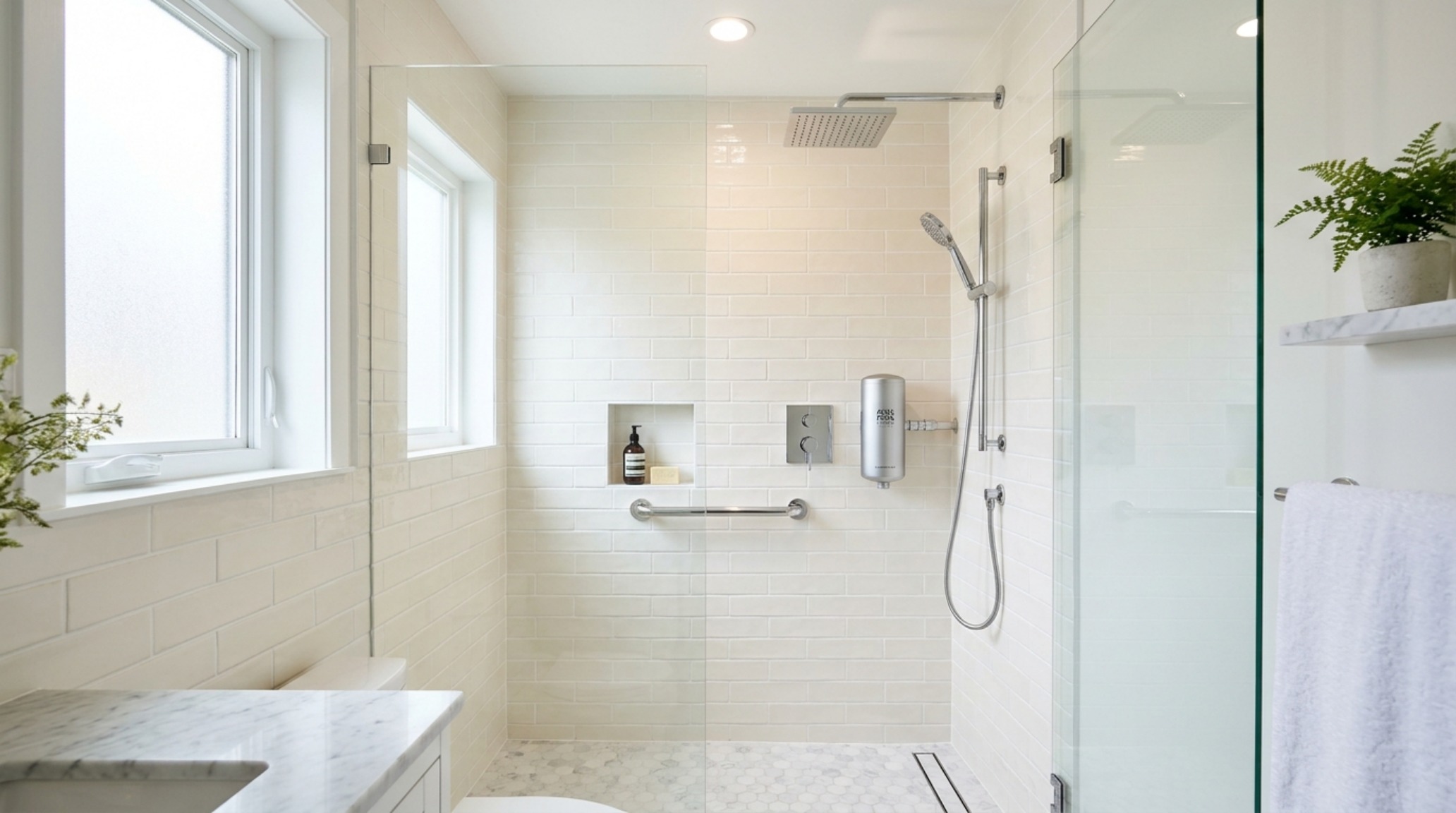 Interior design perspective of a small-space shower utilizing a low-profile filter to maximize ergonomic flow. Interior design perspective of a small-space shower utilizing a low-profile filter to maximize ergonomic flow.