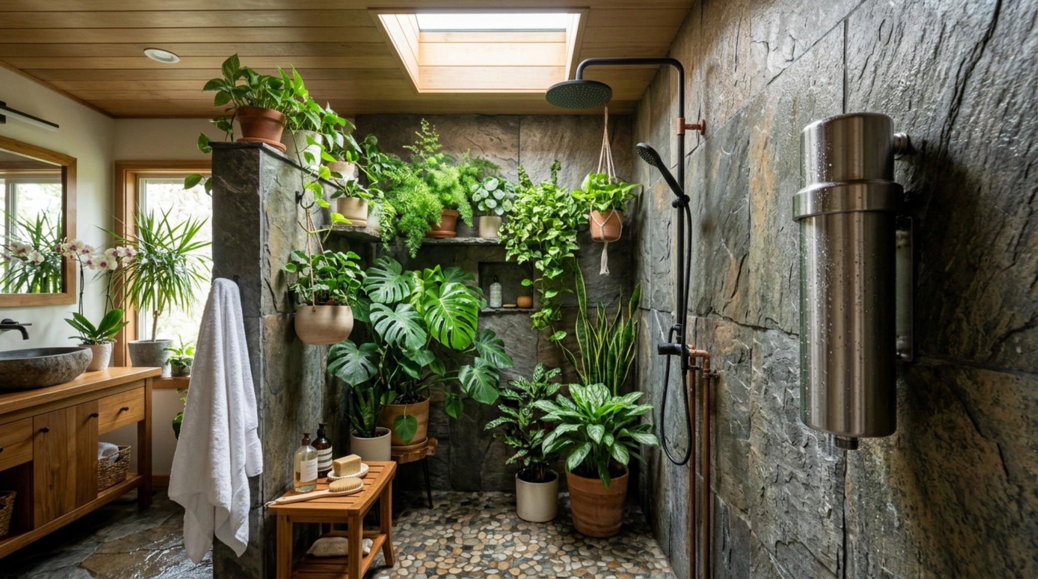 Biophilic shower design with eucalyptus hanging over a modern shower filter and honed travertine walls. Biophilic shower design with eucalyptus hanging over a modern shower filter and honed travertine walls.