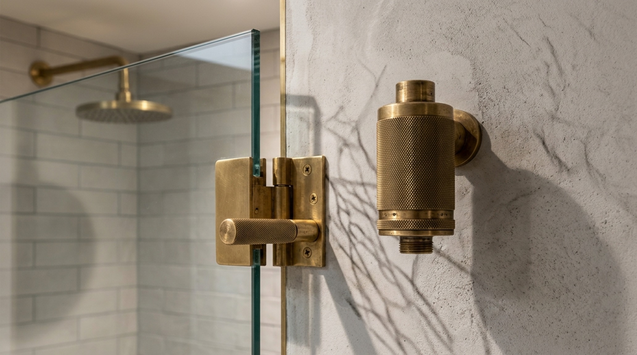 Editorial shot of a rainfall showerhead with a satin brass filter housing, reflecting soft afternoon sunlight. Editorial shot of a rainfall showerhead with a satin brass filter housing, reflecting soft afternoon sunlight.