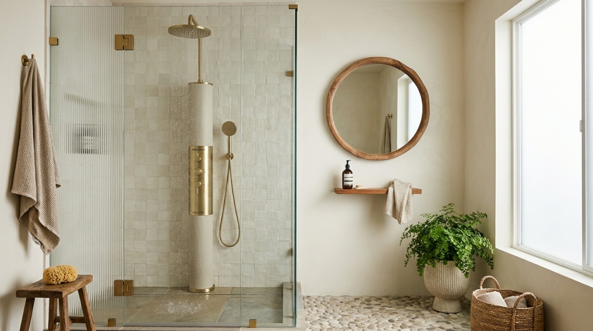 Master bathroom showing the 'negative space breathing room' around a designer shower filter and minimalist hardware. Master bathroom showing the 'negative space breathing room' around a designer shower filter and minimalist hardware.