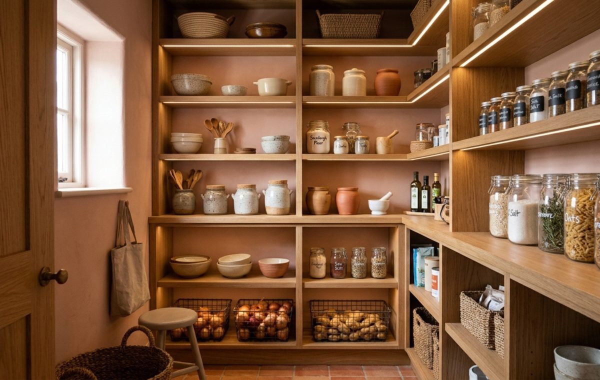 A bespoke reach-in pantry featuring thick rift-sawn white oak shelves against a Farrow and Ball Setting Plaster backdrop, showcasing small pantry organization ideas with stoneware jars and soft 2700K lighting.