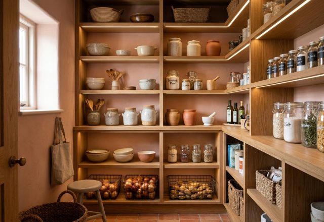 A bespoke reach-in pantry featuring thick rift-sawn white oak shelves against a Farrow and Ball Setting Plaster backdrop, showcasing small pantry organization ideas with stoneware jars and soft 2700K lighting.