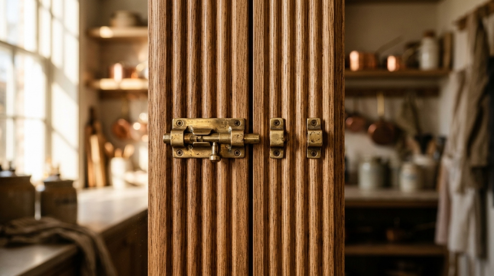 Close-up of integrated warm-dim LED strip lighting highlighting the grain of fluted wood pantry cabinets and unlacquered brass hardware, illustrating Zooey Deschanel kitchen style.