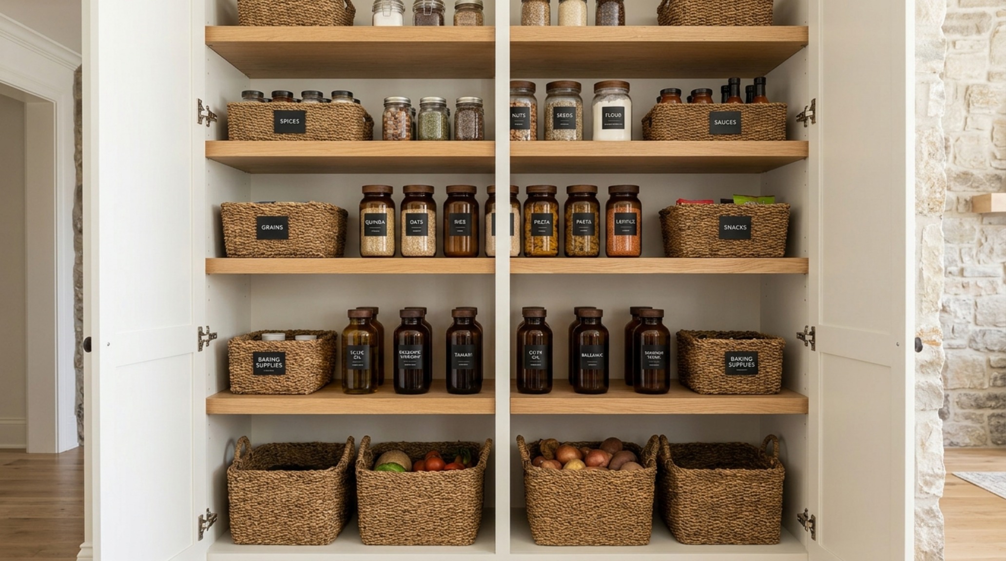 Architectural view of a small pantry layout with 36-inch walkway clearance, featuring floor-to-ceiling custom shelving and organic modern materials like wicker and stone.