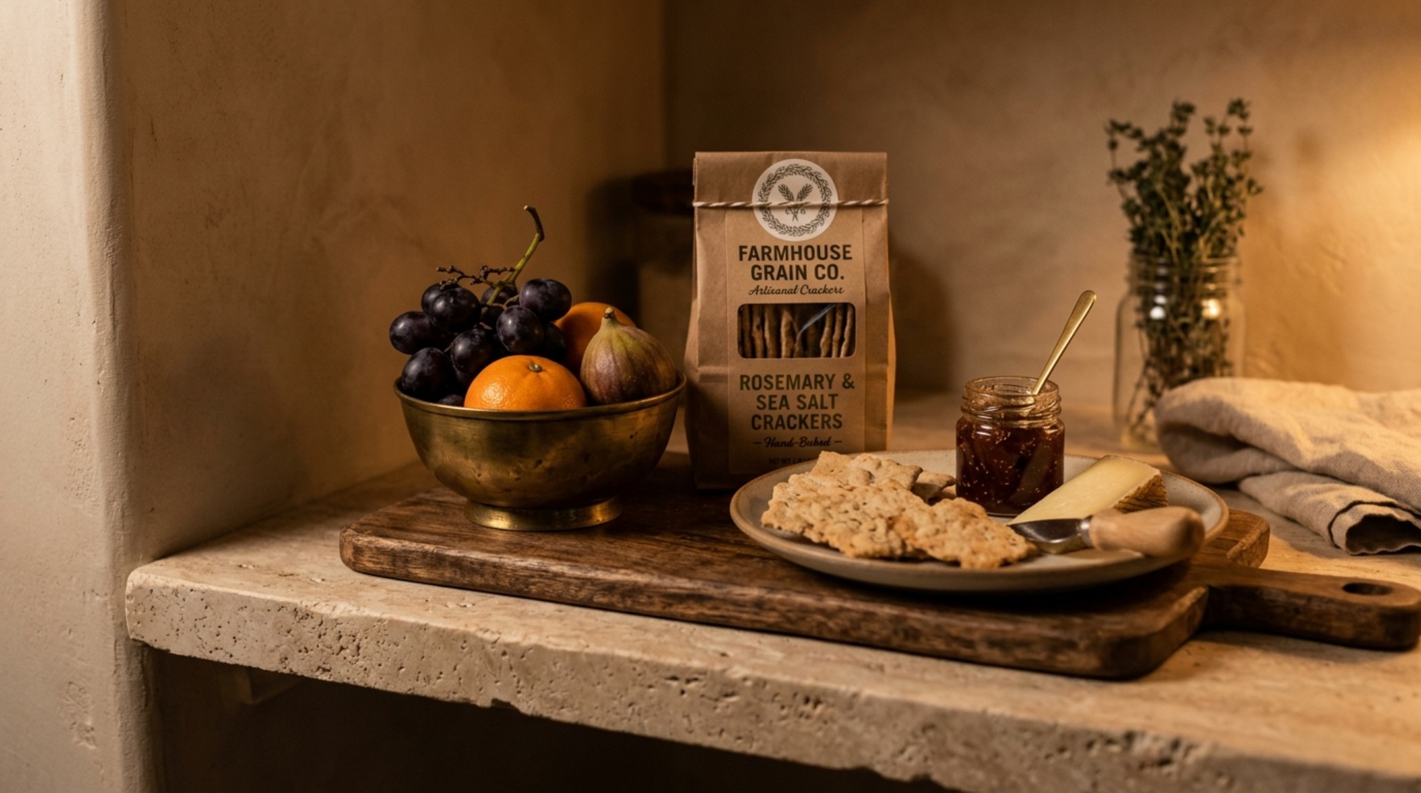 Detail of a snack station with a honed travertine tray and amber glass jars, showcasing luxurious alternatives to clear acrylic pantry storage bins.