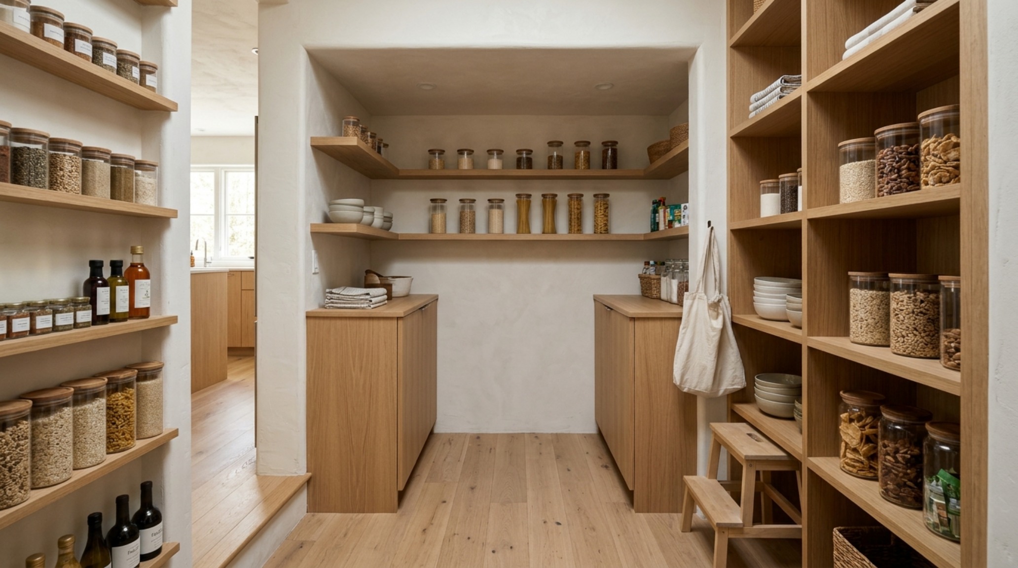Low-angle shot of pantry shelving geometry, emphasizing the 1.5-inch thick oak planks and perfectly aligned sightlines in a high-concept kitchen storage solution.