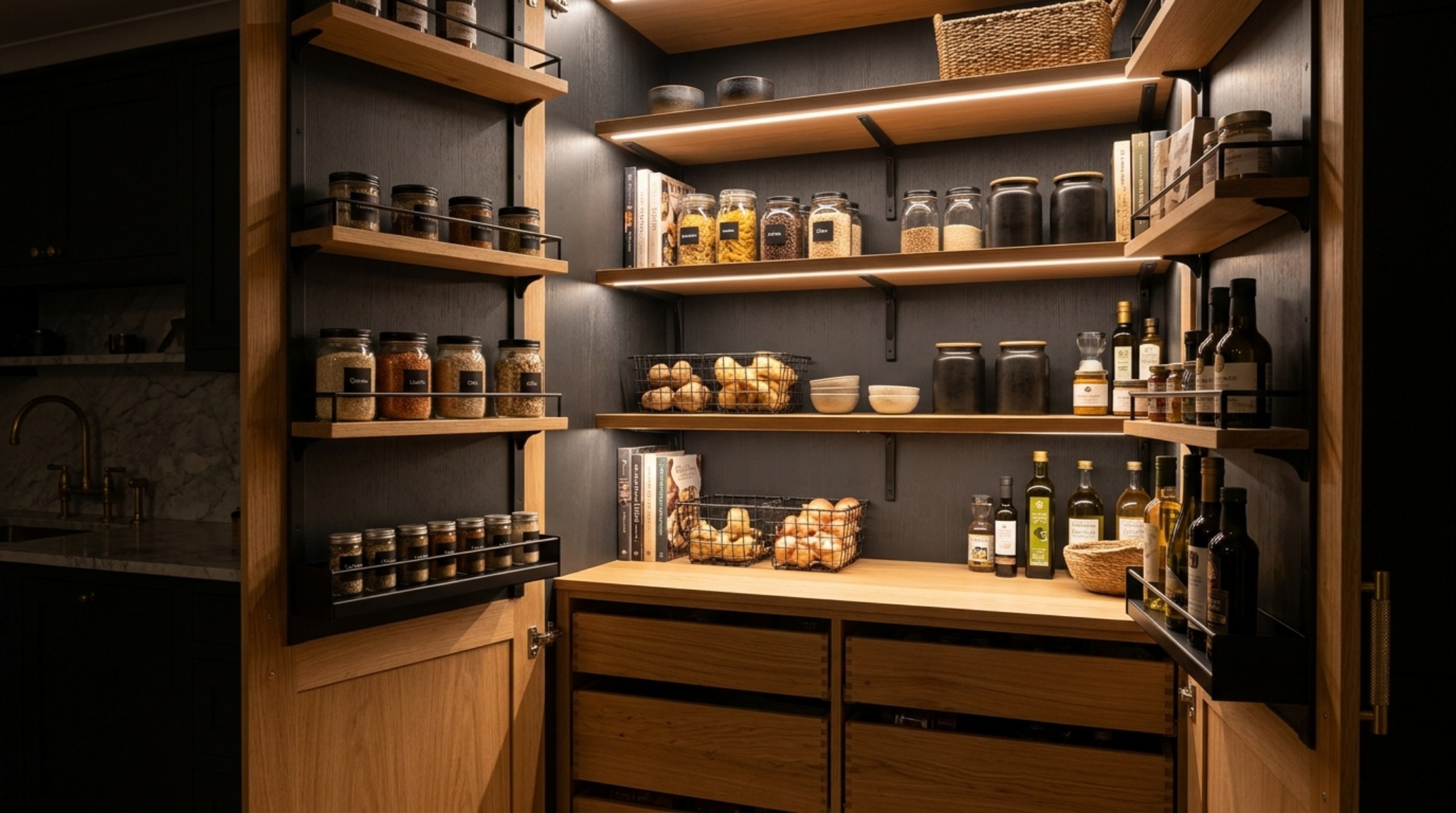 A cozy, moody pantry corner illuminated by 2700K ambient lighting, featuring textured plaster walls and a collection of artisanal culinary ingredients in ceramic crocks.
