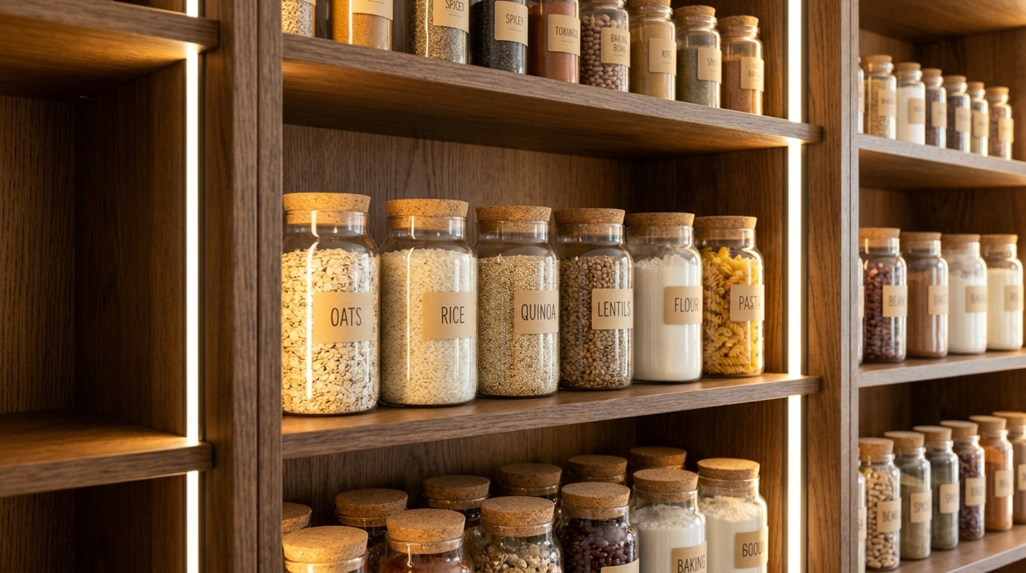 Symmetry in design: A reach-in pantry with perfectly spaced 12-inch deep shelves and a sophisticated color palette of warm neutrals and charcoal accents.