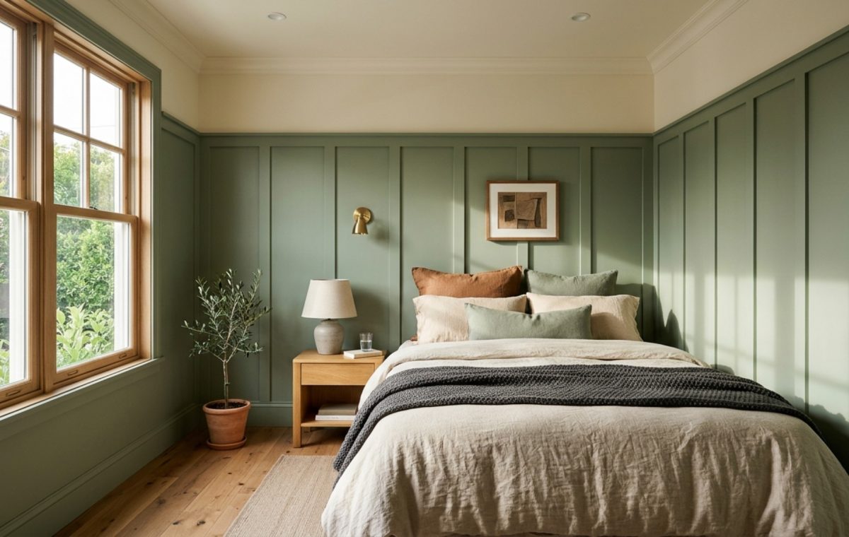 Architectural photography of a contemporary sage green bedroom featuring floor-to-ceiling vertical board and batten paneling and soft morning sunlight.