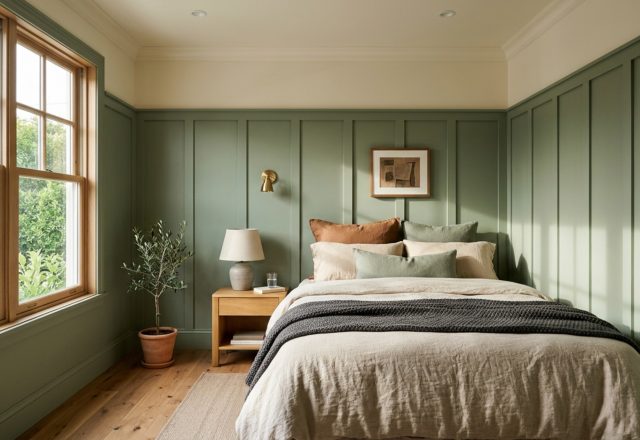 Architectural photography of a contemporary sage green bedroom featuring floor-to-ceiling vertical board and batten paneling and soft morning sunlight.