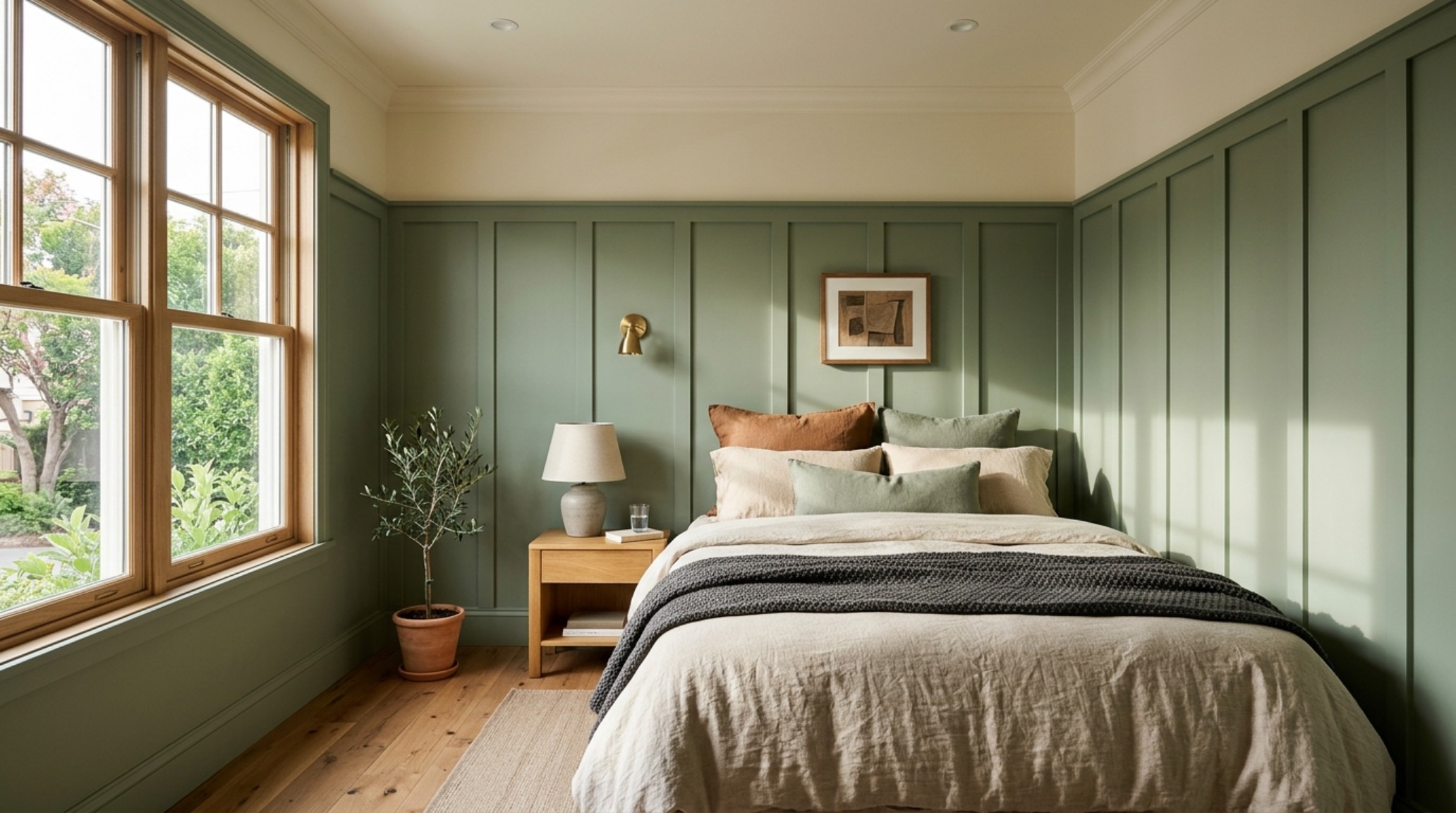 Architectural photography of a contemporary sage green bedroom featuring floor-to-ceiling vertical board and batten paneling and soft morning sunlight. Architectural photography of a contemporary sage green bedroom featuring floor-to-ceiling vertical board and batten paneling and soft morning sunlight.