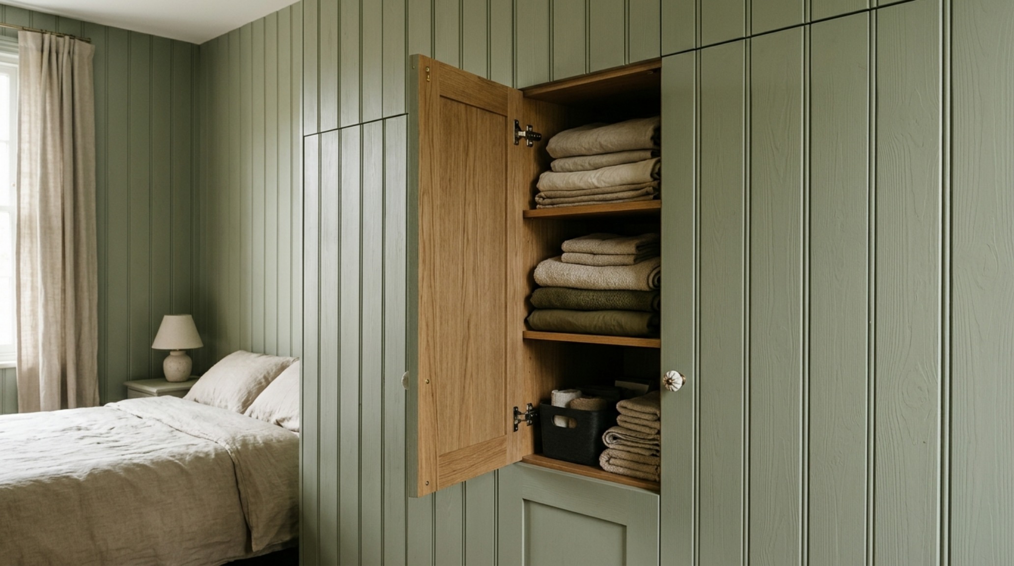 Close-up detail of a hidden storage compartment integrated into a sage green wood paneled wall with a seamless push-to-open mechanism. Close-up detail of a hidden storage compartment integrated into a sage green wood paneled wall with a seamless push-to-open mechanism.
