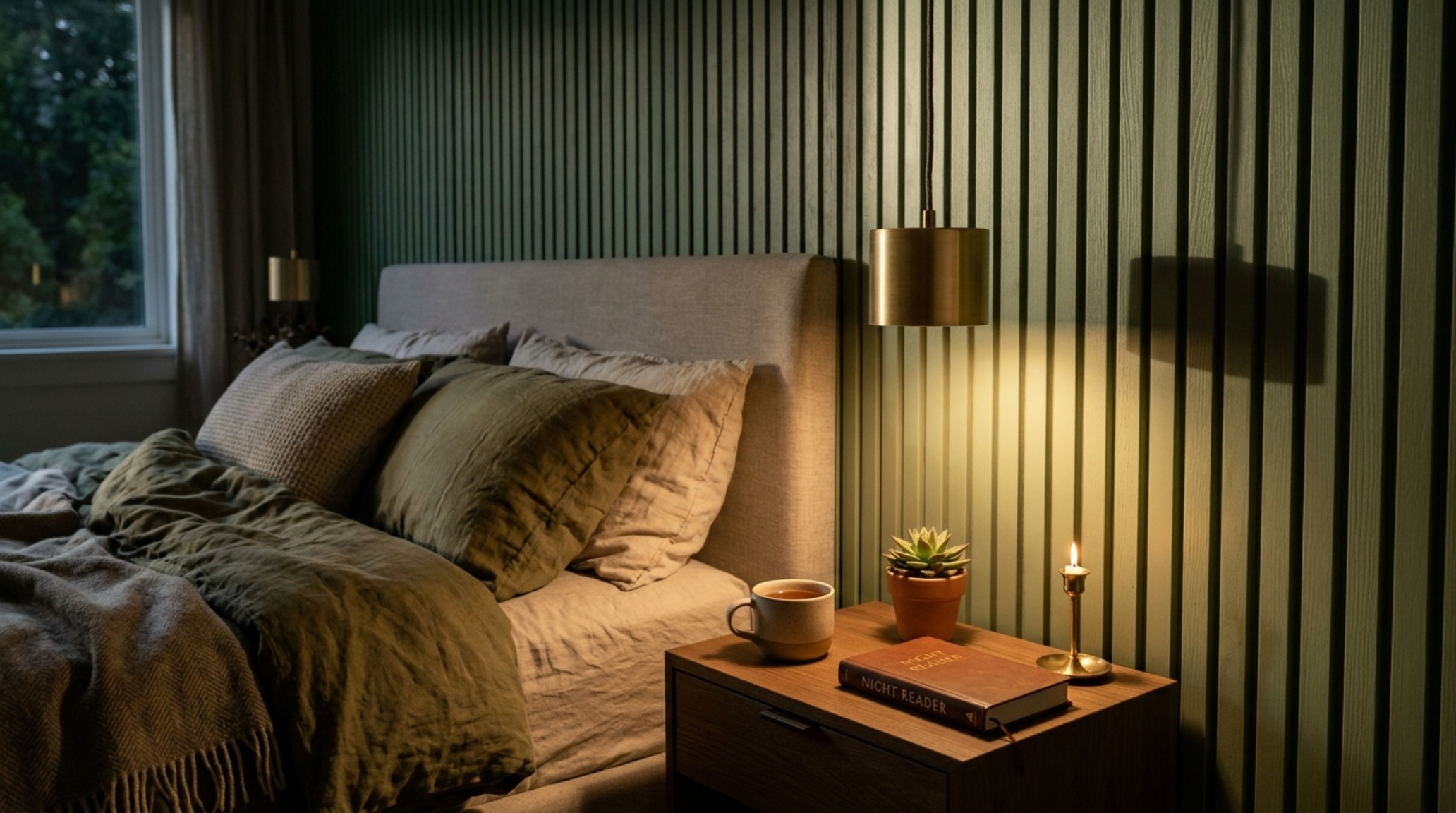 A sophisticated lighting setup in a small bedroom with warm 2700K bedside pendants casting soft shadows over ribbed wood paneling. A sophisticated lighting setup in a small bedroom with warm 2700K bedside pendants casting soft shadows over ribbed wood paneling.