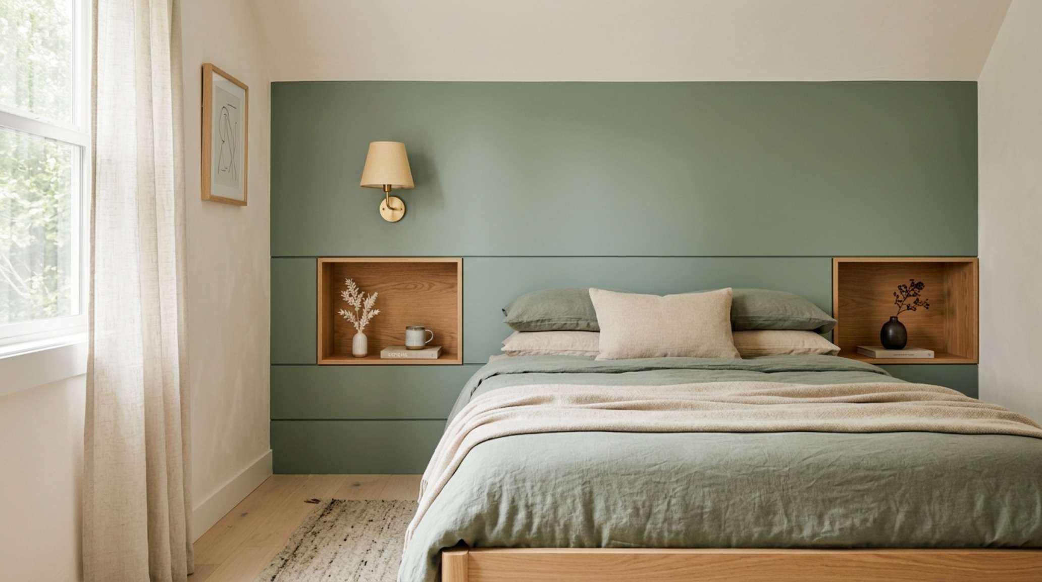 Wide-angle shot of a multifunctional sage green headboard with integrated niches and charging ports in an organic modern bedroom setting. Wide-angle shot of a multifunctional sage green headboard with integrated niches and charging ports in an organic modern bedroom setting.