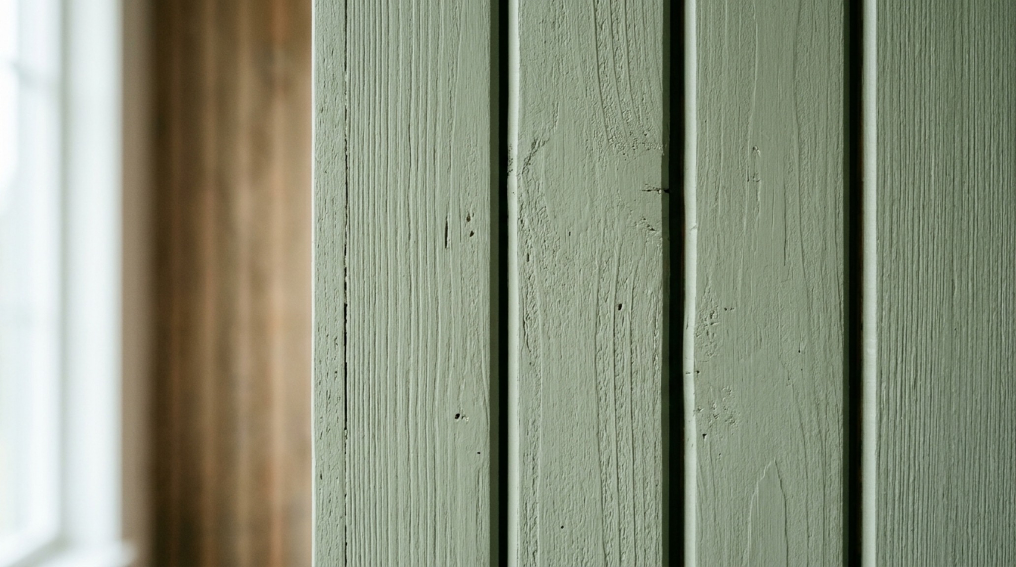 High-resolution detail of minimalist wood paneling in sage green, showing the rich texture of the paint and the precise spacing of the battens. High-resolution detail of minimalist wood paneling in sage green, showing the rich texture of the paint and the precise spacing of the battens.