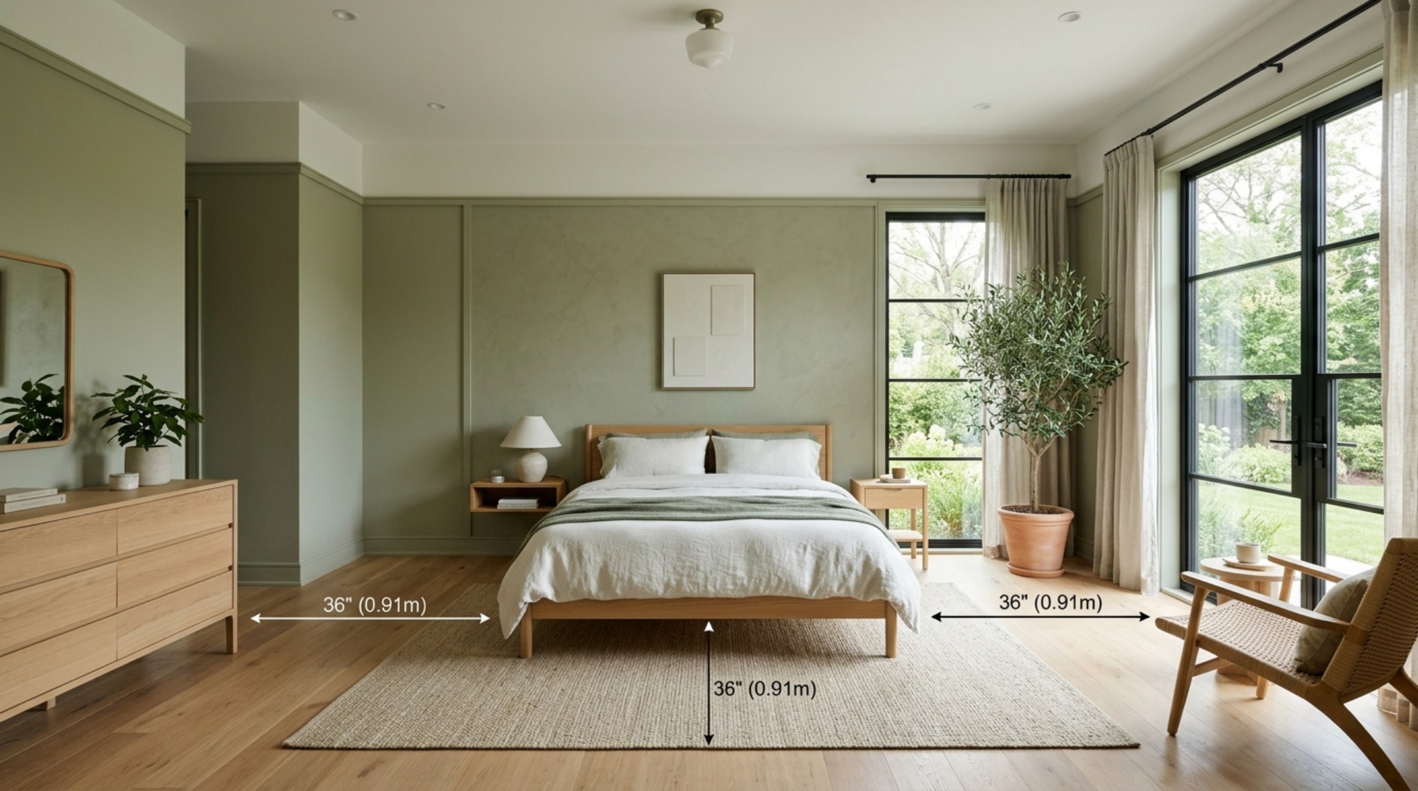 A serene biophilic bedroom design with an emphasis on earthy neutrals, sage green walls, and large windows bringing in natural greenery. A serene biophilic bedroom design with an emphasis on earthy neutrals, sage green walls, and large windows bringing in natural greenery.