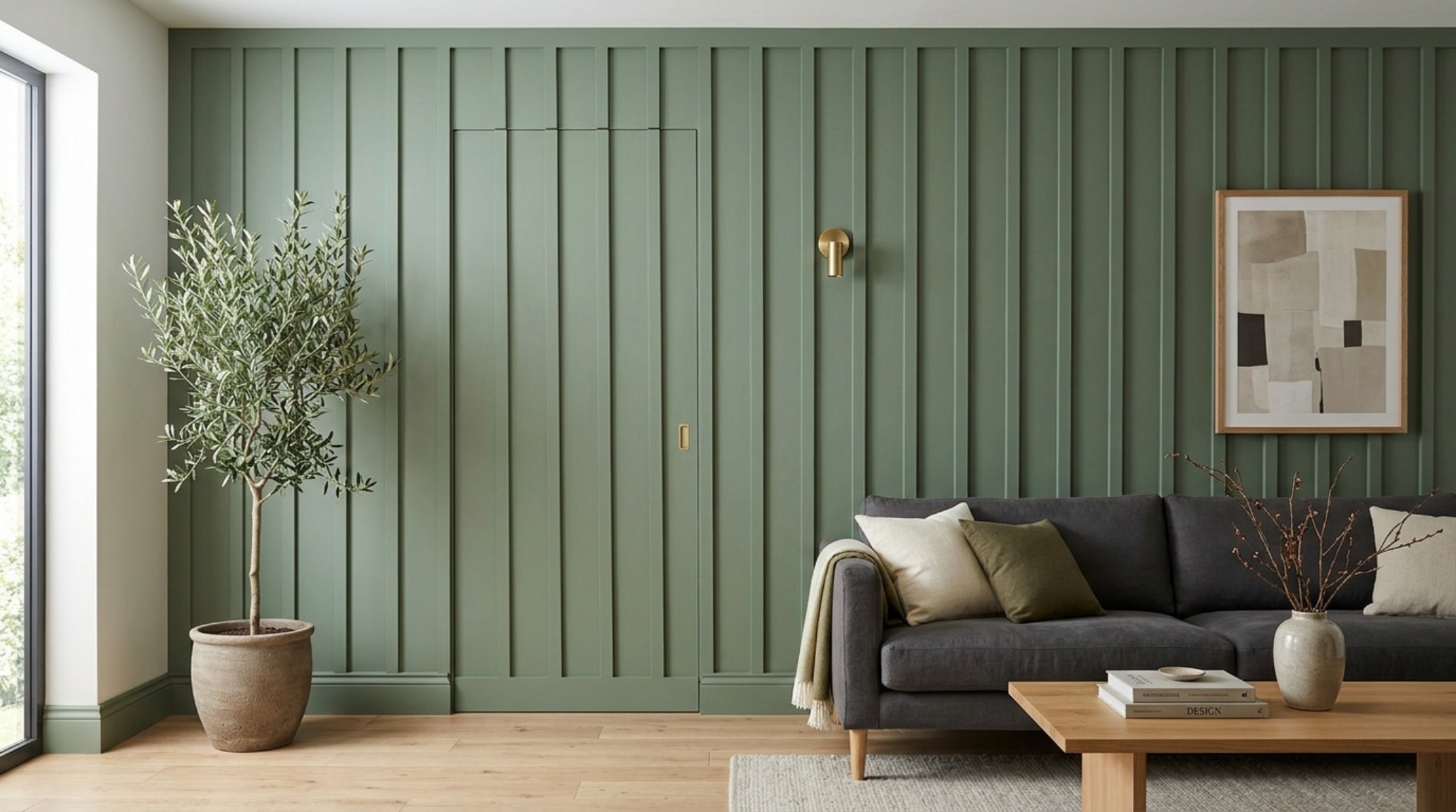 Modern sage green accent wall decor showcasing a balanced composition of abstract art and integrated architectural shelving in a small space. Modern sage green accent wall decor showcasing a balanced composition of abstract art and integrated architectural shelving in a small space.