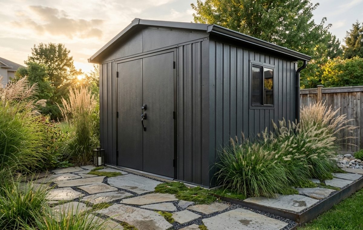Modernized Costco Titan shed exterior featuring an Iron Ore dark charcoal palette integrated into a lush backyard landscape with gravel apron.