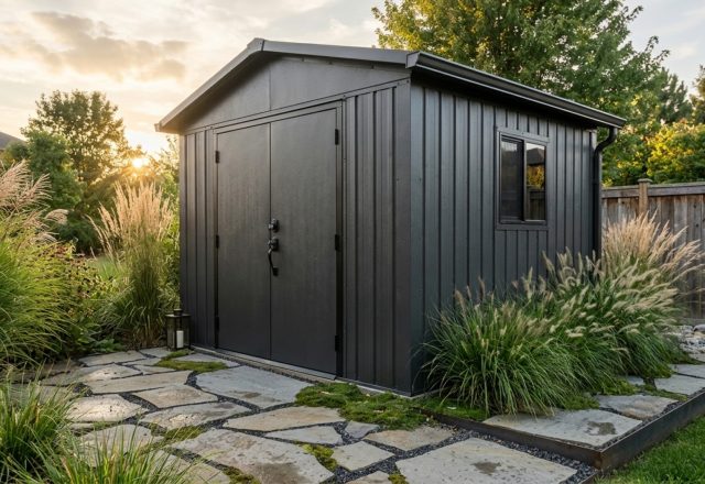 Modernized Costco Titan shed exterior featuring an Iron Ore dark charcoal palette integrated into a lush backyard landscape with gravel apron.