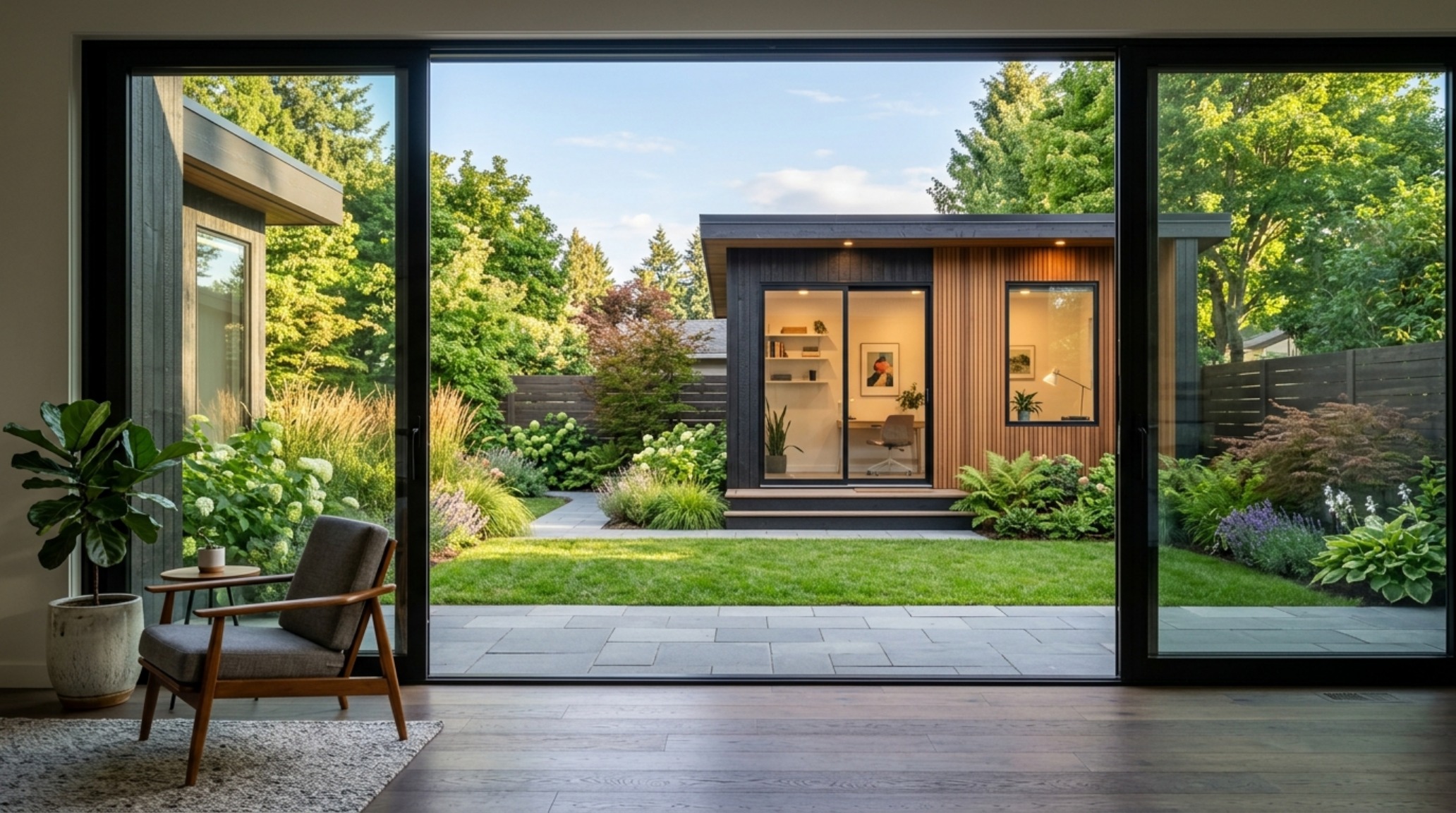 Architectural sightline from a main house window looking towards a perfectly aligned and landscaped Costco Titan shed studio extension.