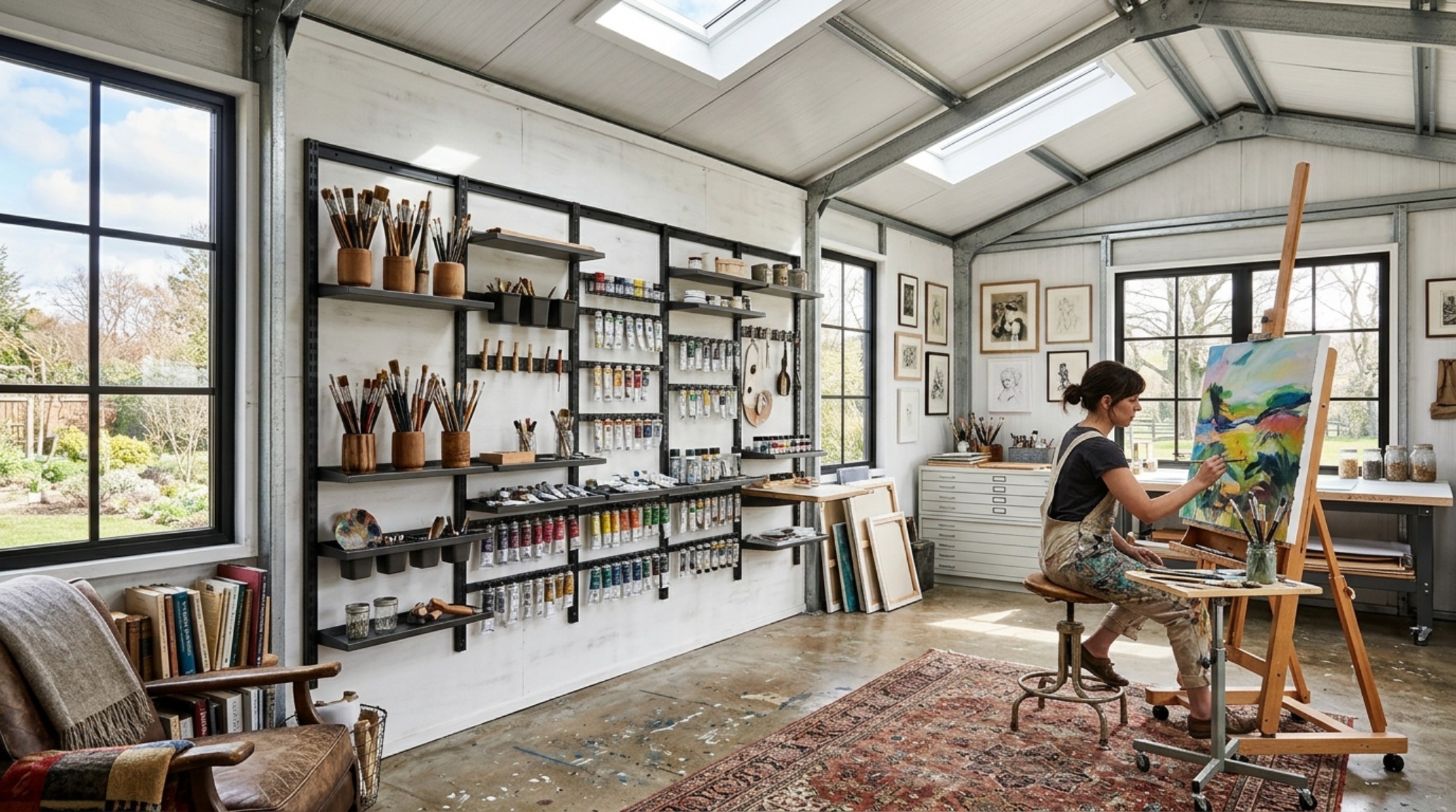 Creative pottery studio conversion of a Suncast Titan shed with custom shelving and moisture-resistant insulated walls.